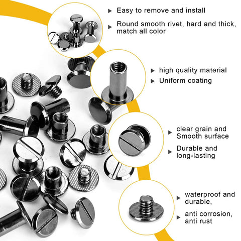 120 Sets Chicago Screws Kit Gun Metal Binding Screws And Rivets For Leather Craft DIY Repair showing layout and features