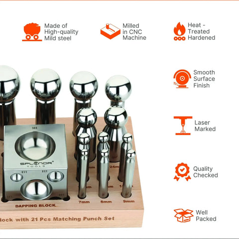 Steel Dapping Block And Punch Set For Jewelry Making And Metal Forming Doming Tools Includes Heavy Duty 2.5 Inch Dapping Block With Rubber Base And 21 Matching Doming Punches 3mm To 13mm Plus 15mm 17mm 19mm 21mm 24mm 28mm 30mm 33mm 38mm And 43mm, displayed on wooden stand with size and feature descriptions.