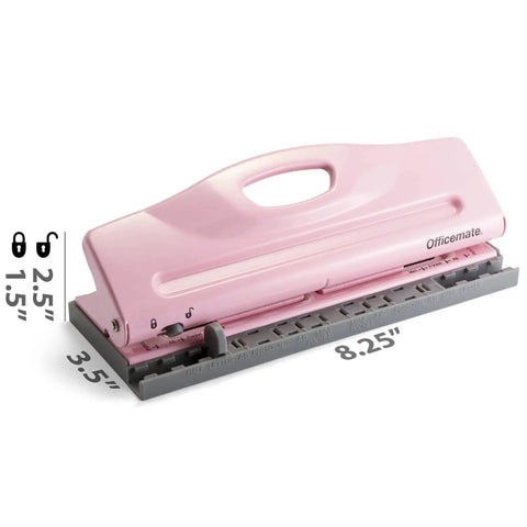 Adjustable 6 Hole Punch For Planners And Binders With 8 Sheet Capacity In Pink A5 Ready, front view showing dimensions and handle