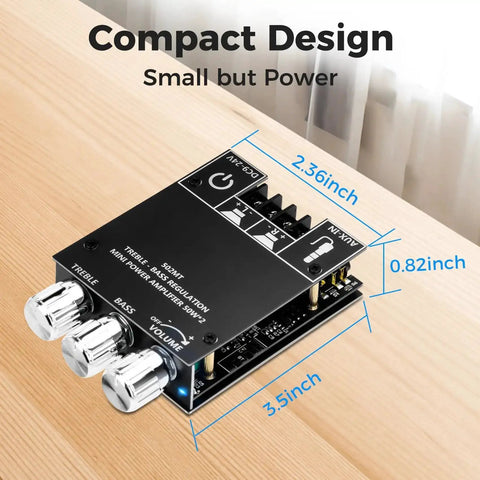 Front view of 50W per channel Bluetooth amplifier board with bass and treble control, dimensions 3.5 x 2.36 x 0.82 inches.
