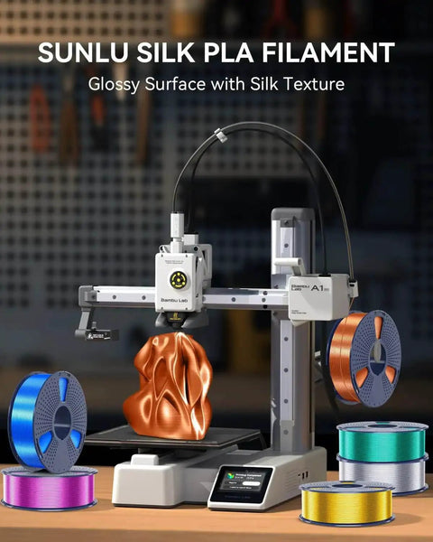 3D printer using Silk PLA Filament 1.75mm For 3D Printers, Ultra Gloss Silk Finish, Silk Light Gold spool around printer base