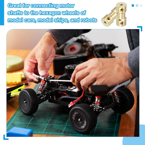 Brass shaft coupling joints 3mm–3mm, set of 4, RC car motor shaft adapters shown on a model chassis.