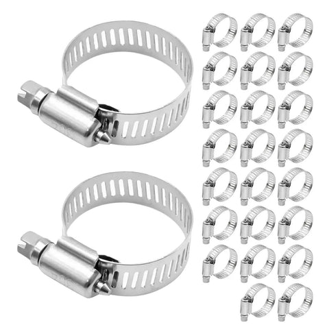Heavy Duty Pro Grade Stainless Steel Hose Clamp Set, 25 Pcs, 304 Pro Grade, Fits 3/4 To 1-1/4 Inch 18-32mm Pipes, displayed in rows