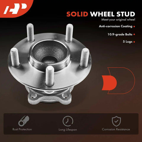 Front view of solid wheel stud and hub assembly with five lugs, designed for corrosion resistance and rust protection.