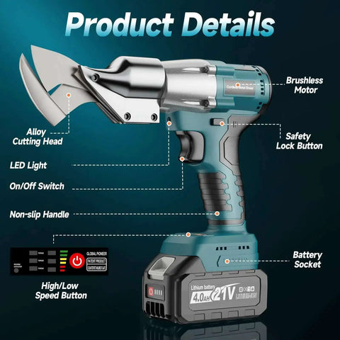 Cordless Sheet Metal Cutter With Dual 4Ah Batteries Brushless Electric Metal Cutting Scissors Tool 360 Degree Rotating Head