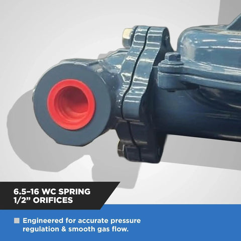 Close-up of Workhorse Three Quarters Inch NPT Natural Gas Regulator NMT NGR02 75 with 6.5-16 WC Spring for gas pressure control.