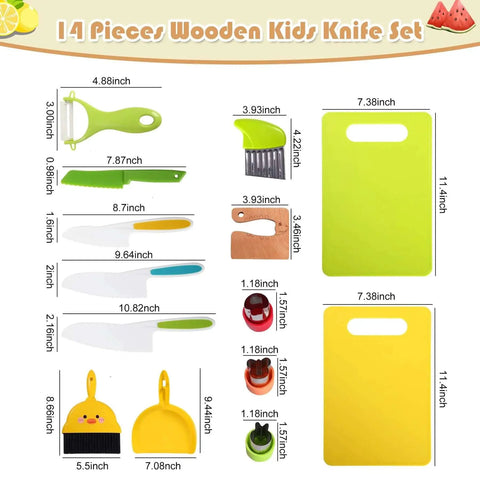 14-piece Montessori style play knife set with cutting boards, crinkle cutter, dust pans, peeler, and wooden knife for kids