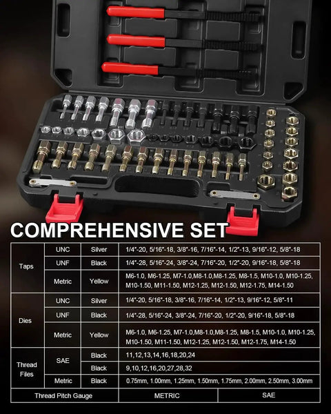 Ultimate Heavy Duty Thread Repair Kit For Rethread Damaged Threads On Bolts Nuts And Holes With 61 Pieces Including 28 Taps 28 Dies