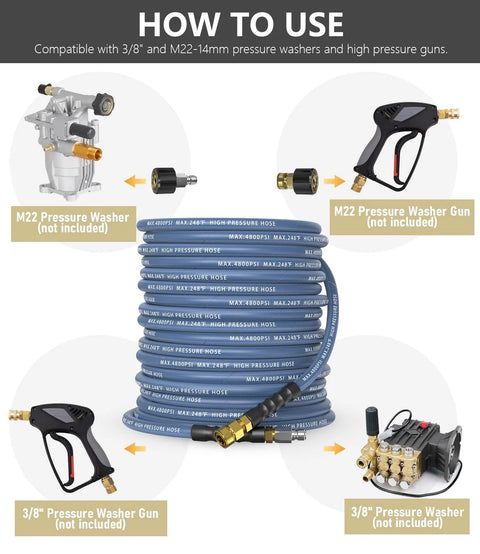 NAVOHEVEN 3/8 in ID pressure washer hose, 100 ft, 4800 PSI, steel-braided, navy, kink-resistant