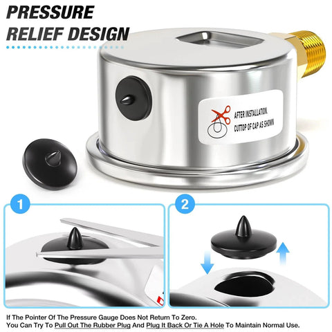 Stainless Steel Vacuum Gauge For Air Compressors And HVAC, Two Inch Dial, One Quarter Inch NPT, showing pressure relief design.