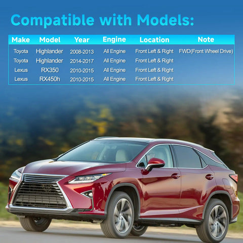 Compatibility chart for Beefed-Up Front Right Steering Knuckle And Wheel Bearing Hub Assembly For Toyota Highlander 2008-2017 And Lexus RX350 RX450h 2010-2015 Passenger Side Fits Front Wheel Drive Models Durable OEM Grade Replacement with image of Lexus vehicle