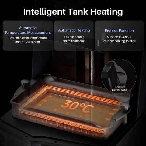 Saturn 4 Ultra 16K Resin 3D Printer Cranks Out 150 mm Per Hour, Ridiculously Sharp 16K Detail, showing intelligent tank heating at 30°C.