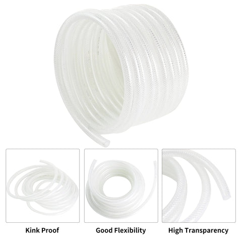 Clear braided hose, 3/8 in ID x 19/32 in OD, 50 ft PVC tubing for water, air, and oil transfer.