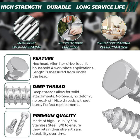 Beefy Heavy Duty 3/8 By 1-1/4 Inch Lag Screws With Flat Washers In 304 Stainless Steel 18/8 For Decks And Wood Projects