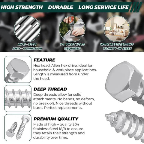 Half Inch By Two And Half Inch Hex Head Lag Screws With Flat Washers Eight Sets In 304 Stainless Steel 18 8 Partial Thread