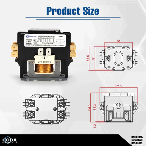 Dimensions and front view of 1 Pole 30A 24V AC Coil Definite Purpose Contactor for HVAC systems, showing measurements and coil details.