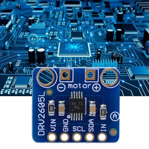 Two Pack Haptic Motor Controller Driver Module With General Pin Interface DRV2605L on blue circuit board background.