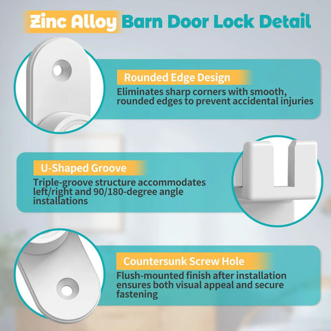 Zinc Alloy Barn Door Lock Detail showing rounded edge, U-shaped groove for 90/180 degree mount, countersunk screw hole