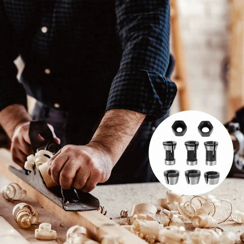 Eight Piece Router Collet Chuck Set With Pro Grade High Precision Trimmer Adapters In 6mm 6.35mm And 8mm Carbon Steel Includes Two Nuts