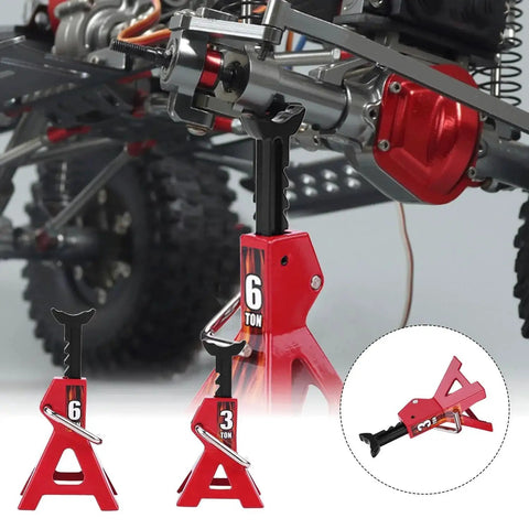 4Pcs Adjustable Metal Jack Stands for 1/10 RC Crawler Cars Climbing Jack Set with a 6-ton and 3-ton stand displayed on an RC vehicle