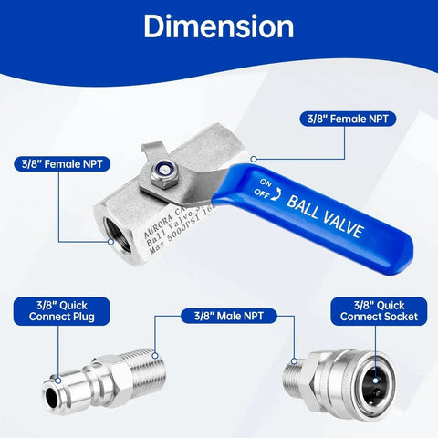 Beefed Up Three Eighths Inch Ball Valve for Power Washers With Quick Connect Pro Grade 5000 PSI Shutoff Stainless Steel Construction High Temperature Tolerance Up To One Fifty Eight Degrees Universal Hose Fitment For High Pressure Washers Aurora dimensions with female and male NPT ends and quick connect components