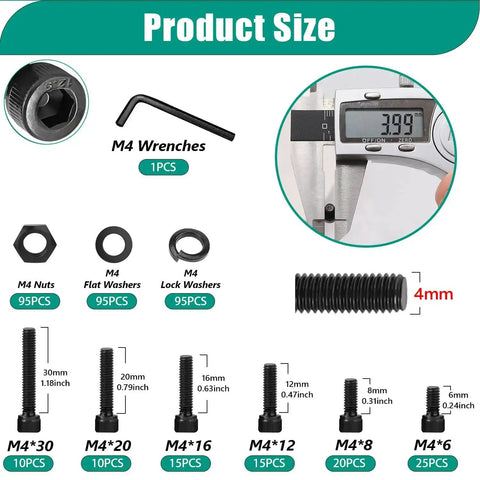 Image showing components of 380 Piece M4 Hex Socket Head Screws Kit With Nuts Washers And Wrench, detailed size and quantity.