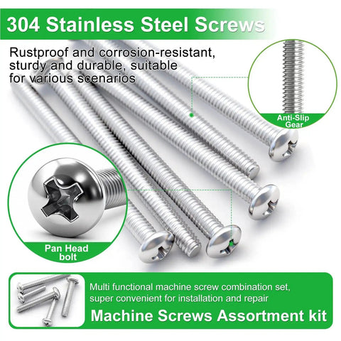 102 Piece Stainless Steel Screw Kit For Electrical Mounting DIY Friendly 6-32 And 8-32 Phillips Pan Head Screws Five Eighths To Two Inches For Wall Plates Switches Receptacles Rust Resistant 304 featured in close-up with details on anti-slip gear and pan head design.