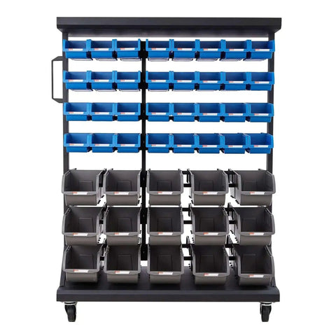 Seven Tier Double Sided Rolling Bin Storage Rack With Ninety Four Plastic Bins On Wheels Dual Sided Parts Organizer