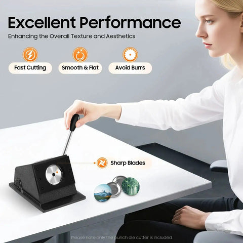 Person using Heavy Duty Button Circle Cutter 2.75 Inch Circle To 2.28 Inch Button Pin Die Punch, showing excellent performance and sharp blades.