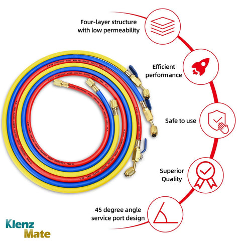 HVAC refrigerant hoses, red/blue/yellow, 72 in each, brass 1/4 in flare fittings with compact ball valves (3-pack).