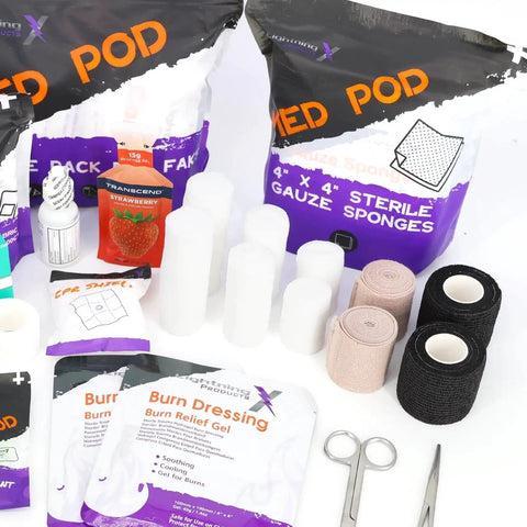 Mid Sized First Responder EMT Kit With 200 Plus BLS Supplies In Fluorescent Yellow Bag featuring gauze, bandages, burn gel, and scissors