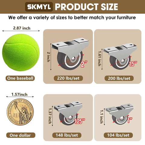Size comparison of 2 Inch Small Fixed Caster Wheels with tennis ball and dollar coin showing load capacities for furniture upgrades.