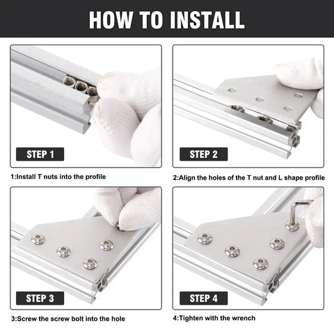 Step-by-step installation of 2020 Series Aluminum Corner Bracket Kit with L and T shape joint plates for 20x20mm extrusion.