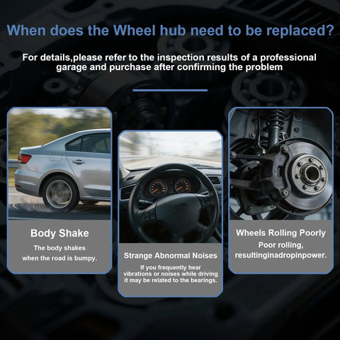 Image showing indicators for front wheel bearing hub replacement including body shake, abnormal noises, and poor wheel rolling.