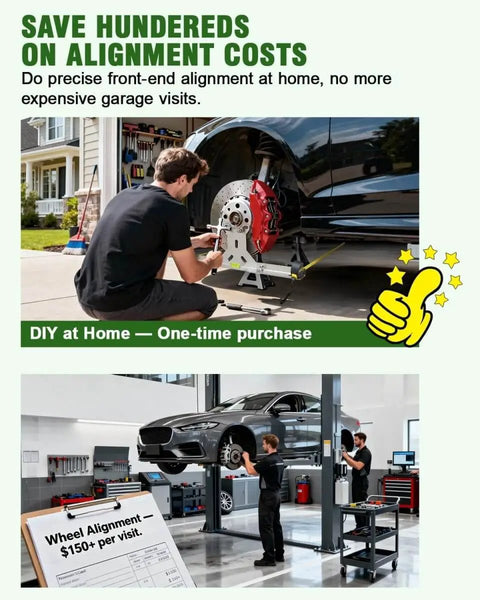 DIY wheel alignment at home with car elevated, using a Wheel Toe Alignment Tool Kit For Home Garage DIY Use With Stainless Steel Toe Plates And Dual Tape Measures Quick Front End Toe Check For Cars Trucks SUVs Patent Design.