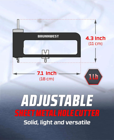 Adjustable Sheet Metal Circle Cutter for Two to Twelve Inch Holes in steel, showing dimensions and weight.