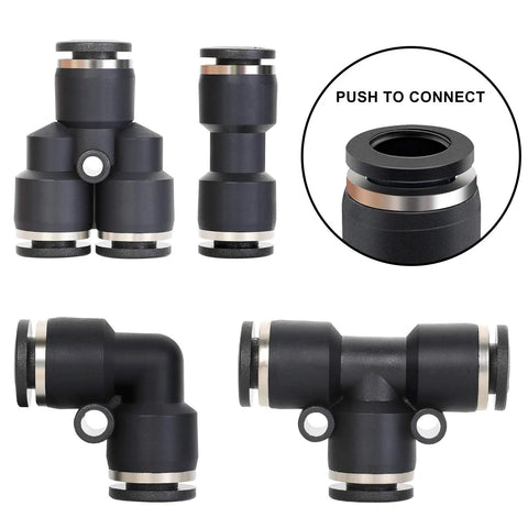 Hromee air line tubing kit, 1/4 in PU tubing with push-to-connect fittings, 14-piece set in black with metal rings