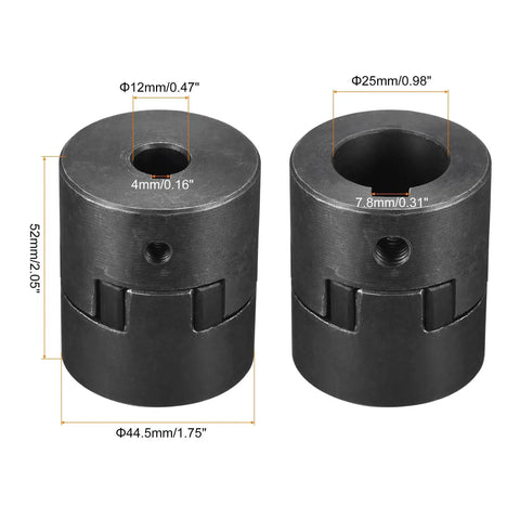 Flexible Coupling Shaft 12mm To 25mm Bore Motor Coupler Joint For Servo And Stepper Motors, 52mm Long, 44.5mm OD, 45 Steel, front view