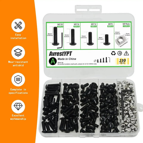 Product image of 230 Pcs M5 T Nuts And T Slot Bolts Set with organized storage box, showing various bolt sizes and T nuts.