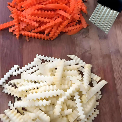 Stainless Steel Crinkle Cutter Wavy Fries Slicer And Vegetable Chopper 2 Pack shown with cut carrots and potatoes.
