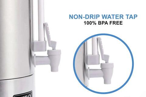 Close-up of the non-drip water tap on a Commercial Grade Stainless Steel Percolator Coffee Urn For Catering 100 Cup 16 Liter.