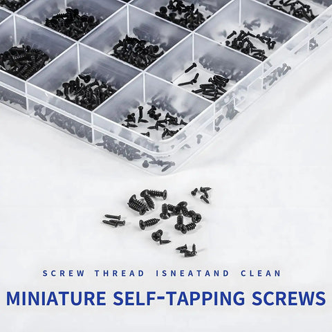 Close-up of a box with 1560 Pieces Black Flat Head Self Tapping Screws Set for Woodworking and Electronics, assorted sizes.