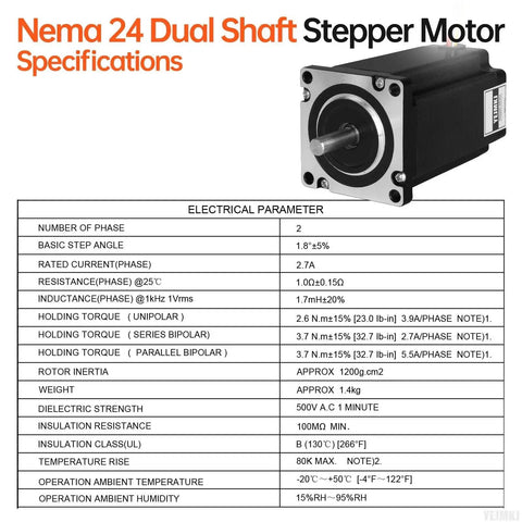 Specifications of Dual Shaft Nema 24 Stepper Motor High Torque For CNC Mill And 3D Printer with technical data and motor image.