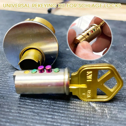 Universal Rekeying Kit For Schlage Locks All In One Pinning Kit with pins and key cylinder close-up view