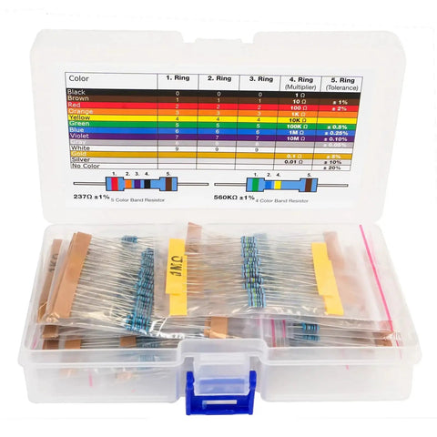 Delon Technology resistor assortment kit in a clear plastic box; 525 metal film resistors, 0Ω–1MΩ, 1/4W, 1% tolerance