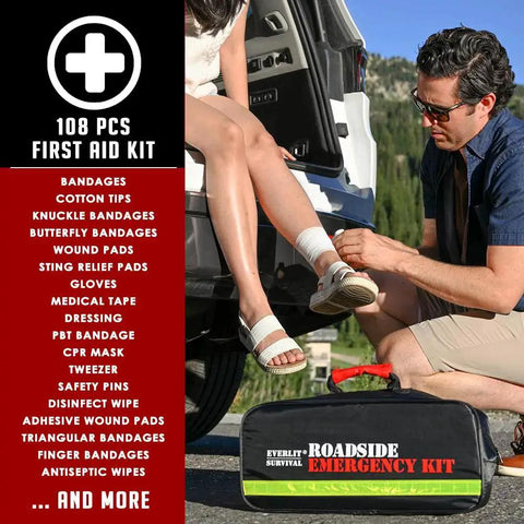 Go To Car Roadside Emergency Kit With Digital Tire Inflator 12 Foot Jumper Cable Tow Strap First Aid Kit Work Gloves Flashlight And More For Women Men Teens By Everlit, roadside scene with kit and first aid supplies.