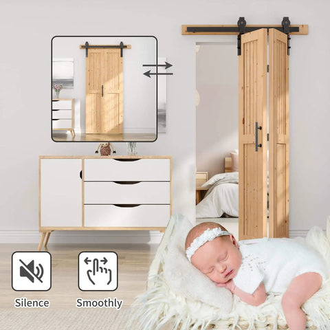 Bi-Fold Barn Door Set 48 By 84 Inches With 52 Inch Bifold Hardware Kit For Two Doors No Assembly No Fuss Setup Solid Spruce Wood Folding Doors And Double Sided Handle Pulls Included installed in a bedroom, wood texture visible.