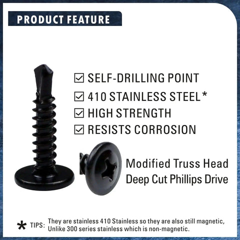 Self Drilling TEK Screws Set For Sheet Metal Number Eight 410 Stainless Steel With Black Dacromet Coating, Phillips Drive
