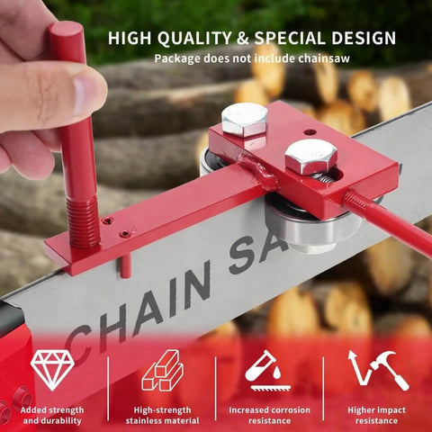 Heavy Duty Chainsaw Bar Rail Closer Tool for Precise Rail Alignment and Chain Grinding, red cast iron with dual bearing rollers.