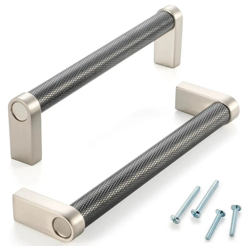 10 Pack 5 Inch Knurled Black And Nickel Cabinet Pulls Matte Black And Brushed Nickel Cabinet Handles with screws shown